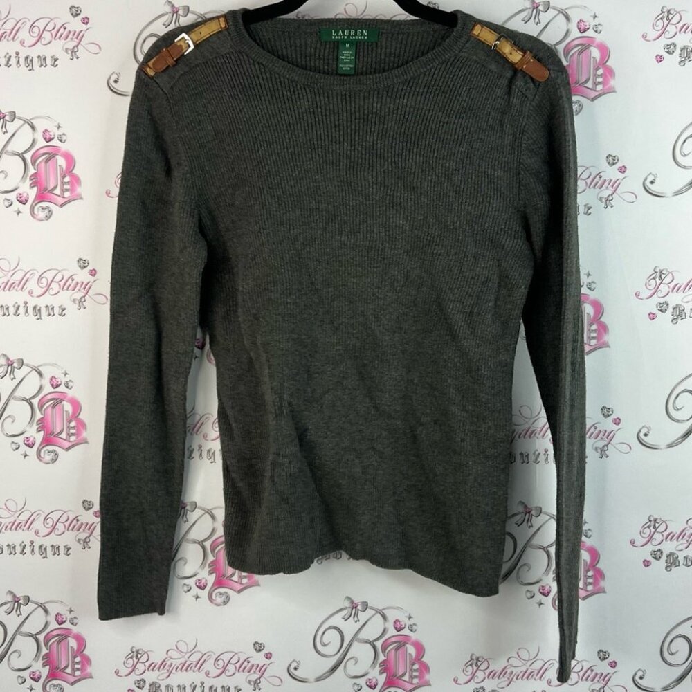 Ralph Lauren long sleeve Charcoal Gray ribbed Sweatshirt buckle Brown Accents